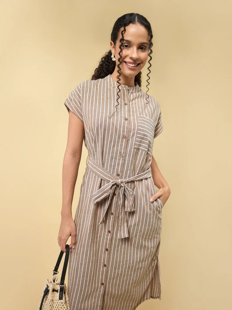 Outzidr  Beige Shirt Dress With Side Slits for Women | Best Price UAE